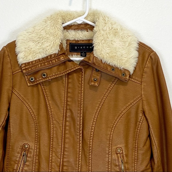 Vintage Giacca Faux Leather Brown Bomber Jacket With Faux Fur Collar & Lining M - Picture 3 of 9
